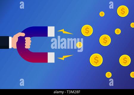 Mano con un magnete per attrarre il denaro. Crescita del reddito concetto. Il successo finanziario, profitto, il concetto di investimento. Mano che tiene il magnete di trascinamento delle monete del dollaro. Illustrazione Vettoriale