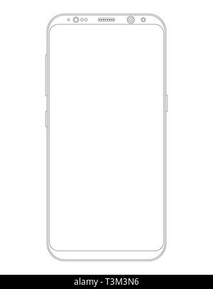 Nuova generazione di smartphone con cornice display di bordo. Schema di progettazione. Telefono dispositivo elettronico con display touchscreen. Illustrazione Vettoriale Illustrazione Vettoriale