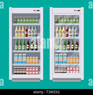 Vetrine frigoriferi per il raffreddamento delle bevande in bottiglie e lattine. Colorate diverse bottiglie e lattine con succo di soda e birra in frigo. Il raffreddamento machin Illustrazione Vettoriale