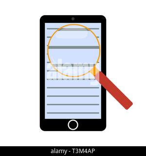 Lente di ingrandimento sul testo di un telefono cellulare. Icona di piatto su sfondo bianco Illustrazione Vettoriale