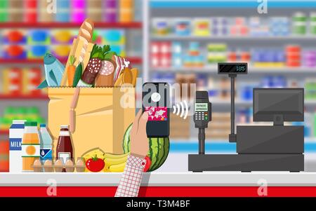 Terminale Pos conferma il pagamento tramite smartphone. Supermercato interno. Contatore di cassiere workplace. Scaffali con prodotti. Registratore di cassa e tastierino numerico. Vettore Illustrazione Vettoriale