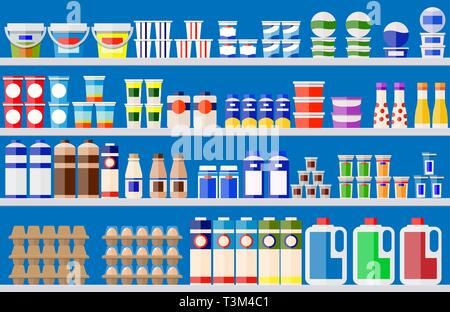 Vetrina frigo per il raffreddamento di prodotti lattiero-caseari. Diverse bottiglie colorate e le caselle in frigo. Frigorifero distributore macchina di raffreddamento. Latte, Yogurt, aspro Illustrazione Vettoriale