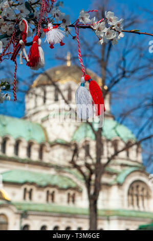 Martenitsi appeso al ramo di un albero esterno Cattedrale Alexander Nevski, Sofia, Bulgaria, l'Europa. Foto Stock