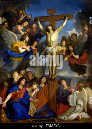 Il Crocifisso con gli angeli, 1661 pittura a olio barocca di Charles Le Brun. Capolavoro artistico ospitato al Museo del Louvre a Parigi, Francia. Capolavoro barocco francese del 1661 Il Crocifisso con gli angeli (Il Crocifisso con gli angeli) di Charles Le Brun. L'opera originale è permanentemente conservata nella collezione del Museo del Louvre a Parigi, Francia. Foto Stock