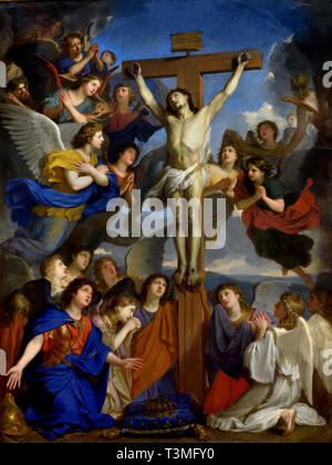 Il Crocifisso con gli angeli, 1661 pittura a olio barocca di Charles Le Brun. Capolavoro artistico ospitato al Museo del Louvre a Parigi, Francia. Capolavoro barocco francese del 1661 Il Crocifisso con gli angeli (Il Crocifisso con gli angeli) di Charles Le Brun. L'opera originale è permanentemente conservata nella collezione del Museo del Louvre a Parigi, Francia. Foto Stock