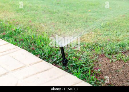 Doccia in giardino per irrigare il prato. Innaffiamento automatico prati concetto. Foto Stock