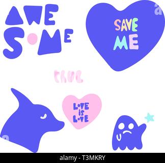 Disegnata a mano illustrazione vettoriale di un kawaii adesivi divertenti e frasi. Oggetti isolati su sfondo bianco. Teen Spirit, bambini stampa. Illustrazione Vettoriale