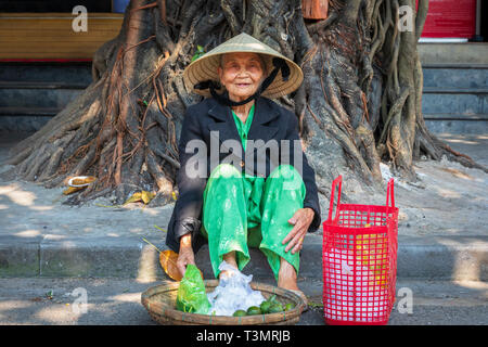 Vecchia donna vietnamita la vendita di una piccola quantità di frutti da un cestello, sulla strada del vecchio mercato della frutta, Hoi An, Quang Nam Provence, Vietnam Asia Foto Stock