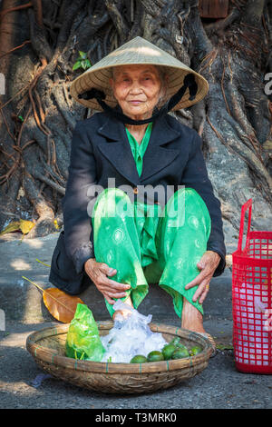 Vecchia donna vietnamita la vendita di una piccola quantità di frutti da un cestello, sulla strada del vecchio mercato della frutta, Hoi An, Quang Nam Provence, Vietnam Asia Foto Stock