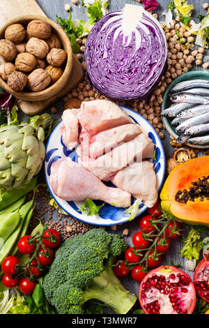 Angolo alto in prospettiva di una pila di prodotti alimentari non trasformati, come diversi di frutta e verdura crude, alcuni legumi e noci, alcuni pezzi di pollo e alcune materie Foto Stock
