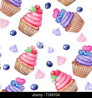 Modello senza cuciture con dipinti a mano dolce acquerello tortina. Stampa, package design, confezionamento, tessile. Foto Stock