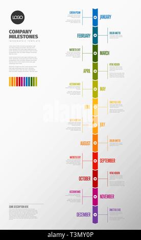 Anno intero modello timeline con tutti i mesi su un tempo verticale linea Illustrazione Vettoriale