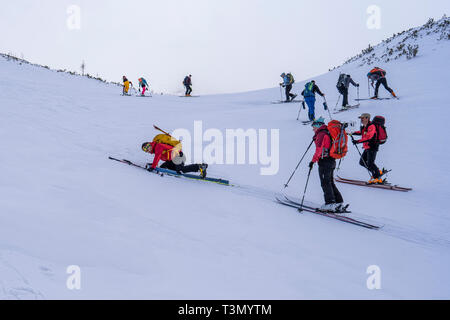 Un gruppo di alpinisti di ascendere e di raggiungere la sommità di una delle più spettacolari cime in Retezat National Park, Romania, il Vertice di Retezat sugli sci. Foto Stock