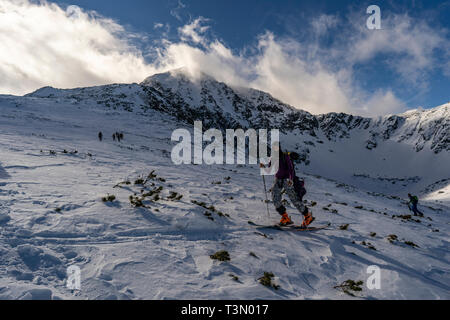 Un gruppo di alpinisti di ascendere e di raggiungere la sommità di una delle più spettacolari cime in Retezat National Park, Romania, il Vertice di Retezat sugli sci. Foto Stock