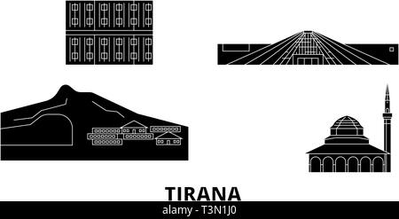 Albania Tirana piatta sullo skyline di viaggio set. Albania Tirana città nero illustrazione vettoriale, simbolo, siti di viaggi, punti di riferimento. Illustrazione Vettoriale