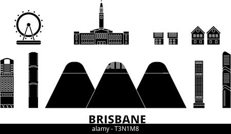 Australia, Brisbane piatta sullo skyline di viaggio set. Australia, Brisbane città nero illustrazione vettoriale, simbolo, siti di viaggi, punti di riferimento. Illustrazione Vettoriale