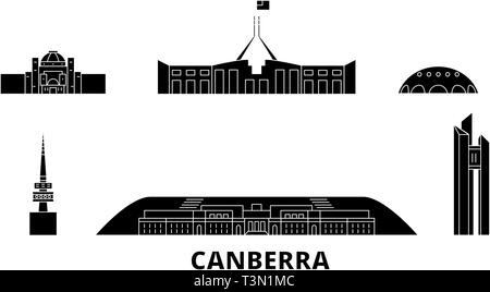 Australia, Canberra piatta sullo skyline di viaggio set. Australia, Canberra città nero illustrazione vettoriale, simbolo, siti di viaggi, punti di riferimento. Illustrazione Vettoriale