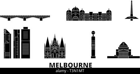 Australia, Melbourne piatta sullo skyline di viaggio set. Australia, Melbourne città nero illustrazione vettoriale, simbolo, siti di viaggi, punti di riferimento. Illustrazione Vettoriale