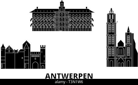 Belgio, Antwerpen piatta sullo skyline di viaggio set. Belgio, Antwerpen città nero illustrazione vettoriale, simbolo, siti di viaggi, punti di riferimento. Illustrazione Vettoriale