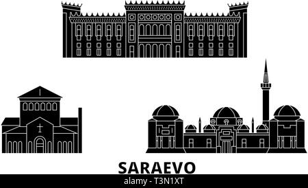 La Bosnia ed Erzegovina, Saraevo piatta sullo skyline di viaggio set. La Bosnia ed Erzegovina, Saraevo città nero illustrazione vettoriale, simbolo, siti di viaggio Illustrazione Vettoriale