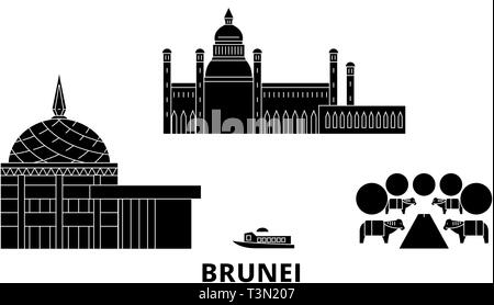 Brunei piatta sullo skyline di viaggio set. Brunei Città nero illustrazione vettoriale, simbolo, siti di viaggi, punti di riferimento. Illustrazione Vettoriale