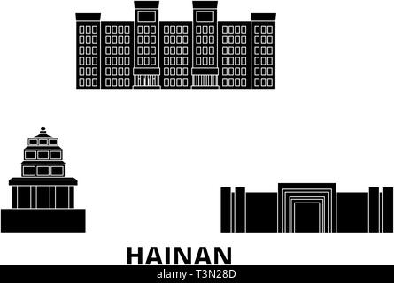 Cina, Hainan piatta sullo skyline di viaggio set. Cina, Hainan città nero illustrazione vettoriale, simbolo, siti di viaggi, punti di riferimento. Illustrazione Vettoriale