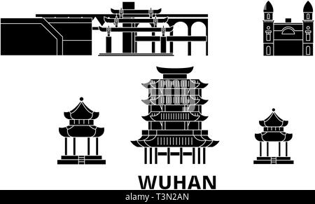 Cina, Wuhan piatta sullo skyline di viaggio set. Cina, Wuhan City nero illustrazione vettoriale, simbolo, siti di viaggi, punti di riferimento. Illustrazione Vettoriale