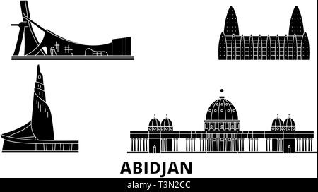 Cote Divoire, Abidjan piatta sullo skyline di viaggio set. Cote Divoire, Abidjan città nero illustrazione vettoriale, simbolo, siti di viaggi, punti di riferimento. Illustrazione Vettoriale