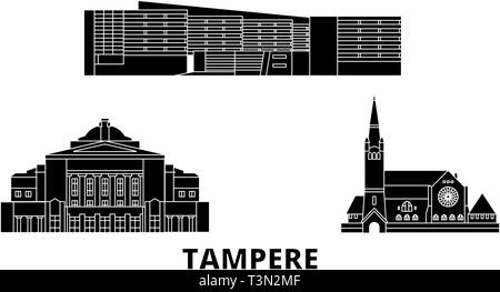 Finlandia, Tampere piatta sullo skyline di viaggio set. Finlandia, nero di Tampere city illustrazione vettoriale, simbolo, siti di viaggi, punti di riferimento. Illustrazione Vettoriale