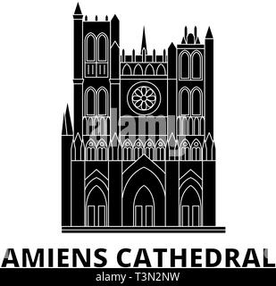 Francia, Cattedrale di Amiens piatta sullo skyline di viaggio set. Francia, Cattedrale di Amiens città nero illustrazione vettoriale, simbolo, siti di viaggi, punti di riferimento. Illustrazione Vettoriale