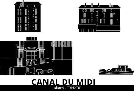 Francia, Canal Du Midi piano skyline di viaggio set. Francia, Canal Du Midi città nero illustrazione vettoriale, simbolo, siti di viaggi, punti di riferimento. Illustrazione Vettoriale