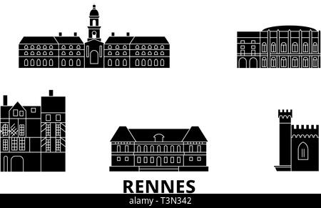 Francia, Rennes piatta sullo skyline di viaggio set. Francia, Rennes città nero illustrazione vettoriale, simbolo, siti di viaggi, punti di riferimento. Illustrazione Vettoriale