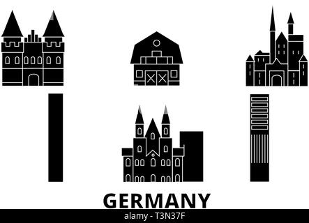 Germania appartamento skyline di viaggio set. La Germania città nero illustrazione vettoriale, simbolo, siti di viaggi, punti di riferimento. Illustrazione Vettoriale