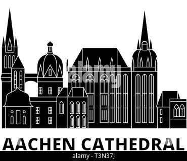 In Germania, la Cattedrale di Aquisgrana piatta sullo skyline di viaggio set. Germania, Cattedrale di Aquisgrana città nero illustrazione vettoriale, simbolo, siti di viaggi, punti di riferimento. Illustrazione Vettoriale