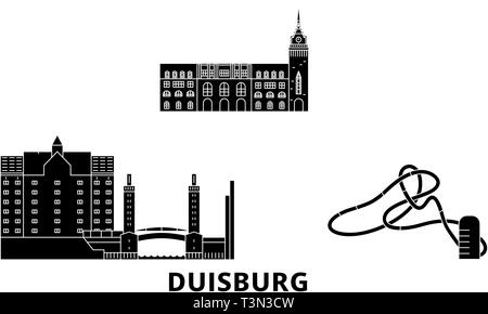 Germania, Duisburg piatta sullo skyline di viaggio set. Germania, nero di Duisburg City illustrazione vettoriale, simbolo, siti di viaggi, punti di riferimento. Illustrazione Vettoriale