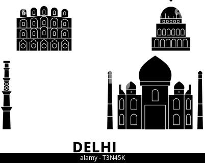 India Delhi city flat skyline di viaggio set. India Delhi città città nero illustrazione vettoriale, simbolo, siti di viaggi, punti di riferimento. Illustrazione Vettoriale