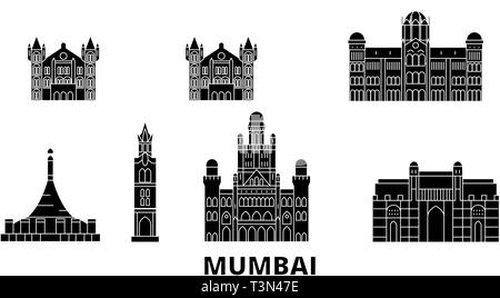 India, Mumbai 2 piana skyline di viaggio set. India, Mumbai 2 città nero illustrazione vettoriale, simbolo, siti di viaggi, punti di riferimento. Illustrazione Vettoriale