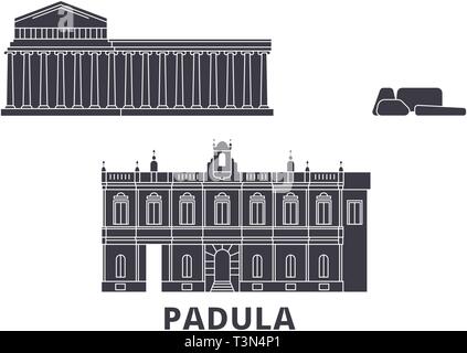 L'Italia, Padula piatta sullo skyline di viaggio set. L'Italia, Padula città nero illustrazione vettoriale, simbolo, siti di viaggi, punti di riferimento. Illustrazione Vettoriale