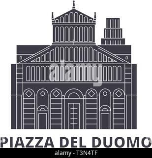 L'Italia, Pisa, Piazza del Duomo piatto dello skyline di marcia impostata. L'Italia, Pisa, Piazza del Duomo città nero illustrazione vettoriale, simbolo, siti di viaggi, punti di riferimento. Illustrazione Vettoriale