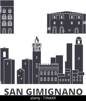 L'Italia, San Gimignano City flat skyline di viaggio set. L'Italia, San Gimignano City città nero illustrazione vettoriale, simbolo, siti di viaggi, punti di riferimento. Illustrazione Vettoriale