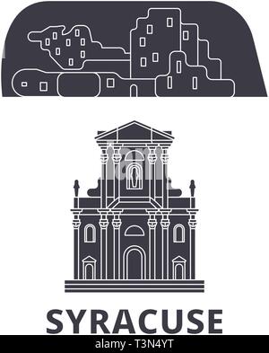 L'Italia, Siracusa city flat skyline di viaggio set. L'Italia, la città di Siracusa città nero illustrazione vettoriale, simbolo, siti di viaggi, punti di riferimento. Illustrazione Vettoriale