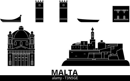 Malta piatta sullo skyline di viaggio set. Malta città nero illustrazione vettoriale, simbolo, siti di viaggi, punti di riferimento. Illustrazione Vettoriale