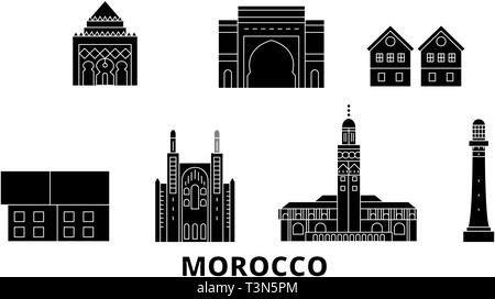 Il Marocco piatta sullo skyline di viaggio set. Il Marocco città nero illustrazione vettoriale, simbolo, siti di viaggi, punti di riferimento. Illustrazione Vettoriale