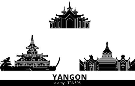 Myanmar Yangon piatta sullo skyline di viaggio set. Myanmar Yangon città nero illustrazione vettoriale, simbolo, siti di viaggi, punti di riferimento. Illustrazione Vettoriale