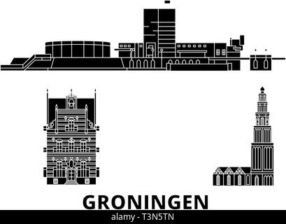 Paesi Bassi, Groningen piatta sullo skyline di viaggio set. Paesi Bassi, Groningen città nero illustrazione vettoriale, simbolo, siti di viaggi, punti di riferimento. Illustrazione Vettoriale