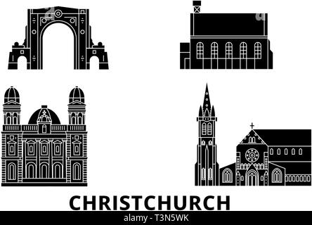 Nuova Zelanda Christchurch piatta sullo skyline di viaggio set. Nuova Zelanda Christchurch città nero illustrazione vettoriale, simbolo, siti di viaggi, punti di riferimento. Illustrazione Vettoriale