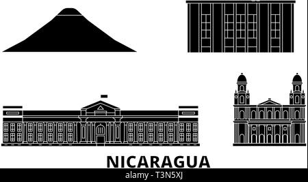 Nicaragua, Managua piatta sullo skyline di viaggio set. Nicaragua, Managua città nero illustrazione vettoriale, simbolo, siti di viaggi, punti di riferimento. Illustrazione Vettoriale