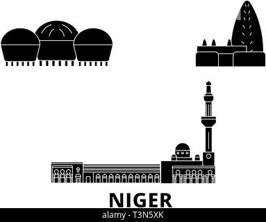 Niger piatta sullo skyline di viaggio set. Niger città nero illustrazione vettoriale, simbolo, siti di viaggi, punti di riferimento. Illustrazione Vettoriale