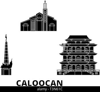 Filippine, Caloocan piatta sullo skyline di viaggio set. Filippine, Caloocan città nero illustrazione vettoriale, simbolo, siti di viaggi, punti di riferimento. Illustrazione Vettoriale