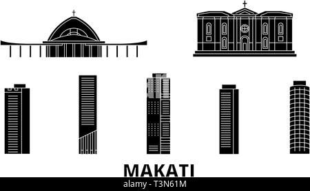 Filippine, Makati piatta sullo skyline di viaggio set. Filippine, nero di Makati City illustrazione vettoriale, simbolo, siti di viaggi, punti di riferimento. Illustrazione Vettoriale